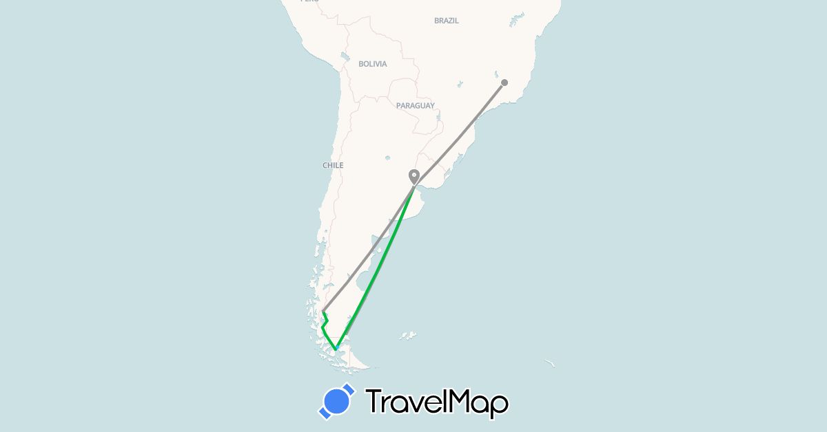 TravelMap itinerary: driving, bus, plane, boat in Argentina, Brazil, Chile (South America)